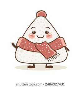 Cute Onigiri Rice Japanese Food Cartoon Character Wearing Pink Shawl with Smile Expression