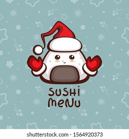 Cute Onigiri in Santa hat and mittens. Vector illustration for festive new year and christmas menu decoration. Logo design. Japanese food.