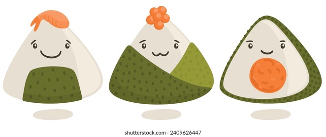 Cute onigiri set. Traditional Japanese dish of rice wrapped in nori with filling.