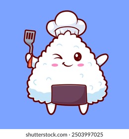 Cute Onigiri Sushi Chef Holding Spatula Cartoon Vector Icon Illustration. Food Profession Icon Concept Isolated Premium Vector. Flat Cartoon Style