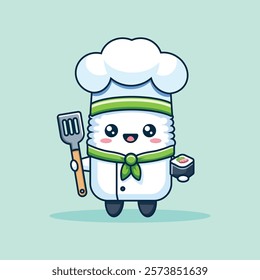 Cute Onigiri Sushi Chef Holding Spatula Cartoon Vector Icon Illustration. Food Profession Icon Concept Isolated Premium Vector. Flat Cartoon Style