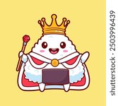 Cute Onigiri Sushi King Holding Crown Cartoon Vector Icon Illustration. Food Holiday Icon Concept Isolated Premium Vector. Flat Cartoon Style