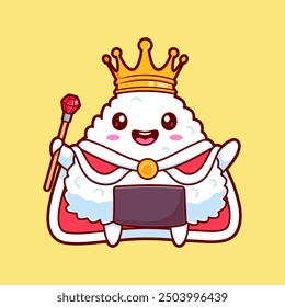 Cute Onigiri Sushi King Holding Crown Cartoon Vector Icon Illustration. Food Holiday Icon Concept Isolated Premium Vector. Flat Cartoon Style