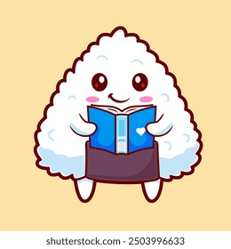 Cute Onigiri Sushi Reading Book Cartoon Vector Icon Illustration. Food Education Icon Concept Isolated Premium Vector. Flat Cartoon Style