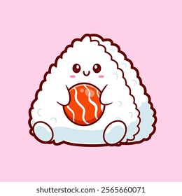 Cute Onigiri Sushi Salmon Cartoon Vector Icon Illustration. 
Sushi Food Icon Concept Isolated Premium Vector. Flat 
Cartoon Style 