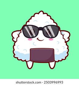 Lindo Onigiri Sushi con gafas Ilustración de Vector de dibujos animados. Concepto de icono de moda de alimentos Vector de Premium aislado. Estilo plano de la historieta