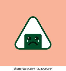 A cute onigiri with a tearful expression. Cute food character. Flat design vector illustration on isolated background.