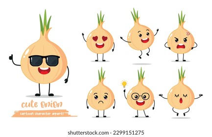 tira cómica de cebolla linda con muchas expresiones. diseño plano de ilustración de vector de actividad diferente de vegetales.