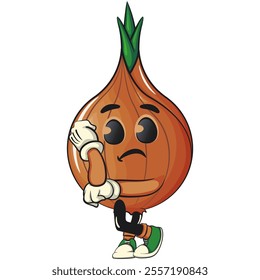 cute onion character being sad, cartoon vector illustration, work of hand drawn