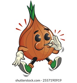 cute onion character is blowing the whistle, cartoon vector illustration, work of hand drawn