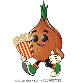 cute onion character brought a box of french fries, cartoon vector illustration, work of hand drawn