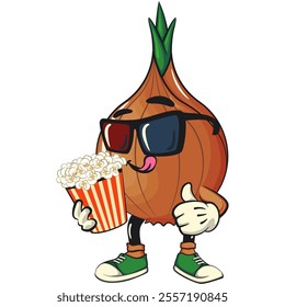 cute onion character with a bucket of popcorn with wearing 3d glasses, cartoon vector illustration, work of hand drawn