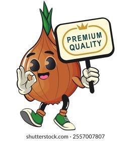 cute onion character carrying a sign board that says premium quality while giving an okay sign, cartoon vector illustration, work of hand drawn