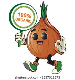 cute onion character carrying a sign that says 100 percent organic while giving an okay sign, cartoon vector illustration, work of hand drawn