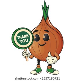 cute onion character carrying a sign saying thank you, cartoon vector illustration, work of hand drawn