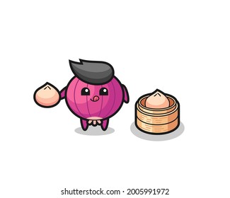 cute onion character eating steamed buns , cute style design for t shirt, sticker, logo element