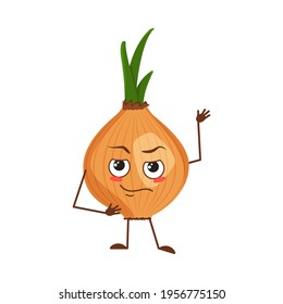 Cute onion character with face and emotions, arms and legs. The funny or sad hero, vegetable. Vector flat illustration