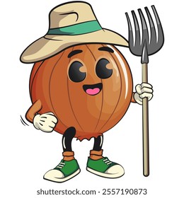 cute onion character as farmer in hat with his fork, cartoon vector illustration, work of hand drawn