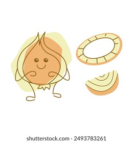 Cute onion character and half, ring, piece of onion. Vector hand drawn illustration.