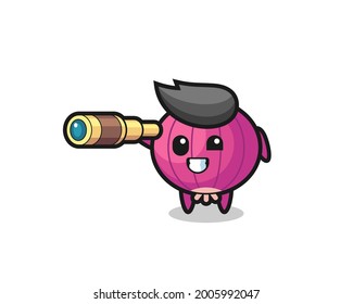 cute onion character is holding an old telescope , cute style design for t shirt, sticker, logo element