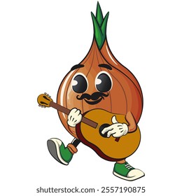 cute onion character with moustache playing guitar, cartoon vector illustration, work of hand drawn
