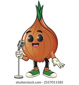 cute onion character on front of the mic become a stand up comedian, cartoon vector illustration, work of hand drawn