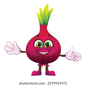Cute onion character with open arms, welcoming and cheerful. Vector cartoon illustration