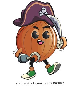 cute onion character as pirate with dagger, cartoon vector illustration, work of hand drawn