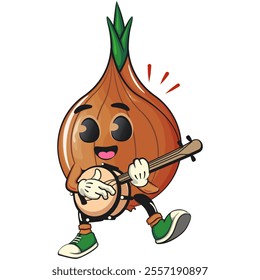 cute onion character playing the banjo musical instrument, cartoon vector illustration, work of hand drawn