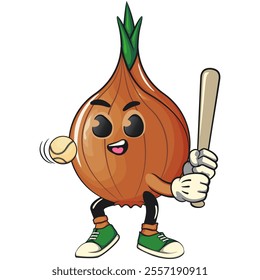 cute onion character playing baseball ready to hit the ball with the bat, cartoon vector illustration, work of hand drawn