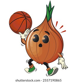 cute onion character playing basketball, cartoon vector illustration, work of hand drawn