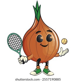 cute onion character playing tennis, cartoon vector illustration, work of hand drawn