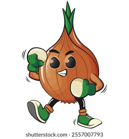 cute onion character practicing boxing wearing boxing glove, cartoon vector illustration, work of hand drawn