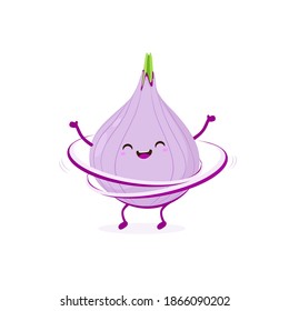 Cute Onion Character. Red Cartoon onion make fitness exercise with hula-hoop isolated in white background. Kawaii vegetable character.