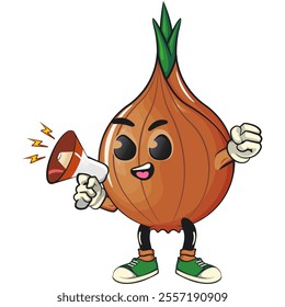 cute onion character shouting with a loudspeaker, cartoon vector illustration, work of hand drawn
