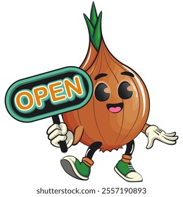cute onion character showing a sign that says open, cartoon vector illustration, work of hand drawn