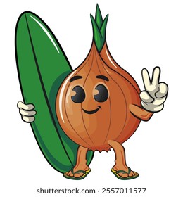 cute onion character with surfboard and gave a peace sign, cartoon vector illustration, work of hand drawn