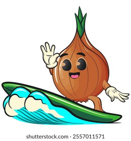 cute onion character surfing riding the waves, cartoon vector illustration, work of hand drawn