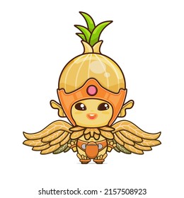 cute onion character. vegetable and fruit mascot with leaf wings. illustration in kawaii style. suitable for animation, children's content and all ages. for making cute patterns, bg, gift wrap