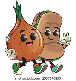 cute onion character walk with sandwich character while giving a peace and giving an ok sign, cartoon vector illustration, work of hand drawn