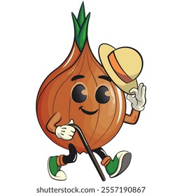 cute onion character walk with a stick and saluting with raised hat, cartoon vector illustration, work of hand drawn