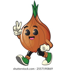 cute onion character walking with a peace sign, cartoon vector illustration, work of hand drawn