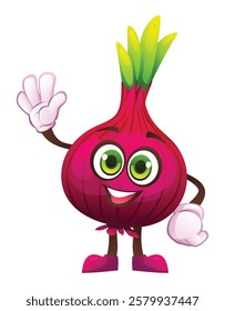 Cute onion character waving happily. Vector cartoon illustration