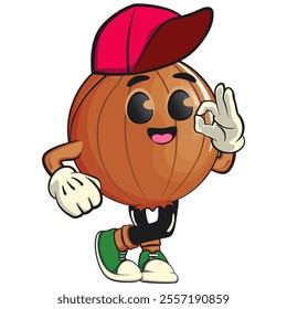 cute onion character wearing a baseball cap while giving a thumbs up, cartoon vector illustration, work of hand drawn