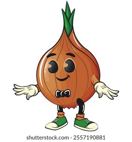cute onion character wearing a bow tie and feeling cool, cartoon vector illustration, work of hand drawn