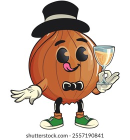 cute onion character wearing hat and bow tie raising a wine glass, cartoon vector illustration, work of hand drawn