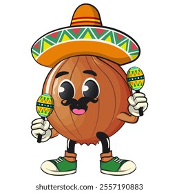 cute onion character wearing sombrero and playing maracas, cartoon vector illustration, work of hand drawn