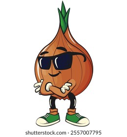 cute onion character wearing sunglasses folding his arms calmly, cartoon vector illustration, work of hand drawn
