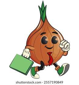 cute onion character wearing a tie and carrying a suitcase rushing to the office, cartoon vector illustration, work of hand drawn