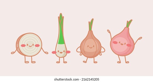 Personajes de cebolla. Ilustración aislada del vector de dibujos animados